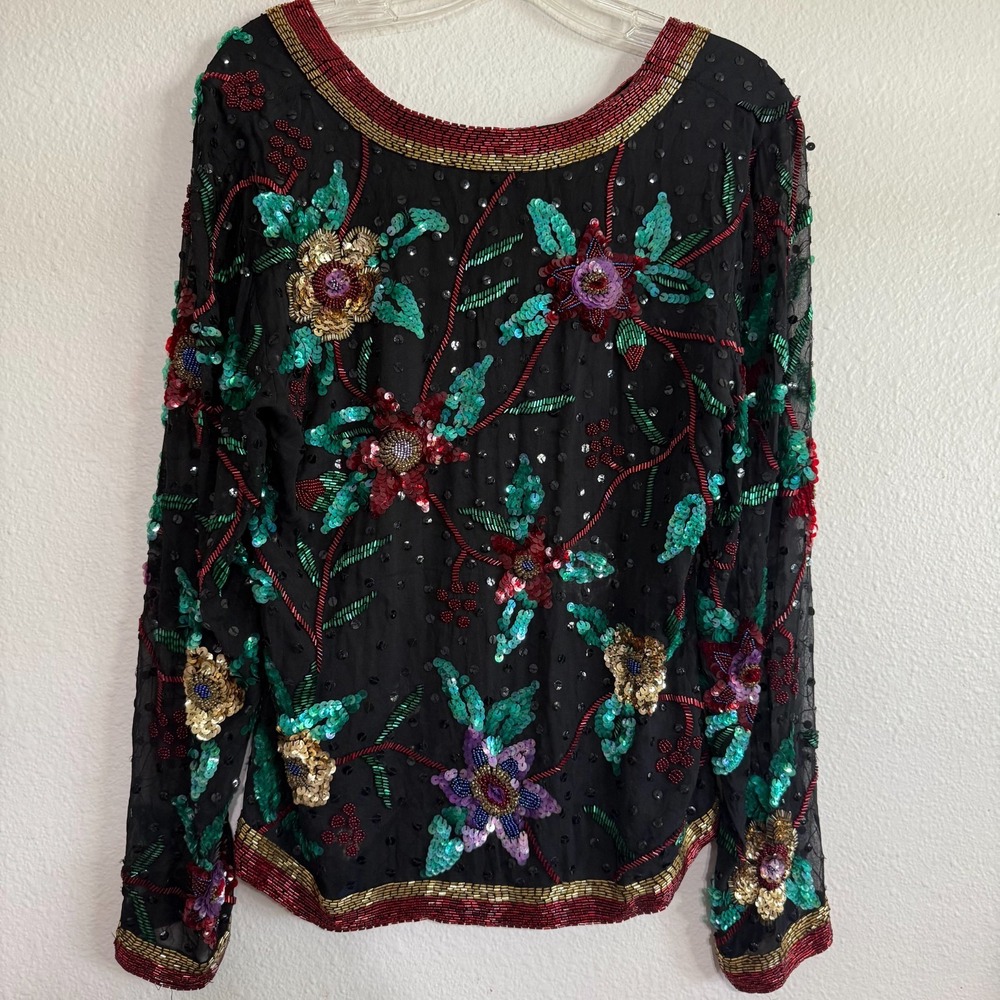 Vintage Oleg Cassini Beaded Floral Sequin Top Womens Large‎ Black Silk Evening